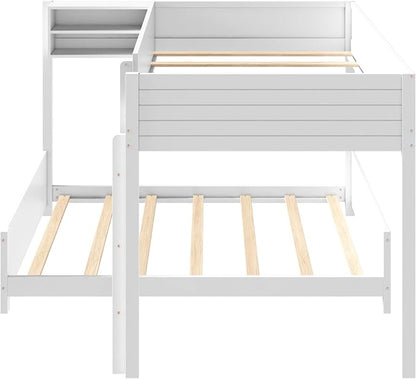 Full XL Over Full XL Bunk Bed with Built-in Storage Shelf & Ladder, Wood Bed Frame with Support Slats, Space-Saving Design, White