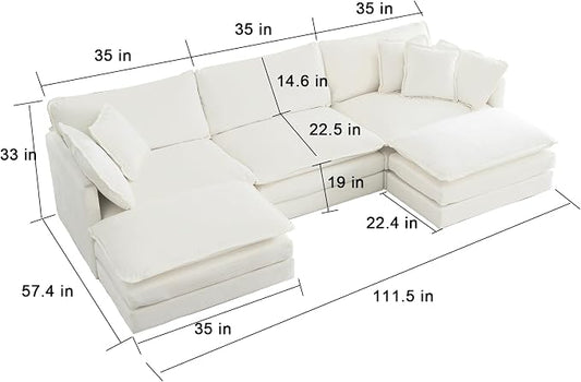 GNIXUU 111.5“ Oversized Modular Sectional Sofa, Comfy Cloud Couch for Living Room, Modern Chenille Large Deep Seat U Shaped Couch with Reversible Chaise & Cushions(6 Seater, Beige White)