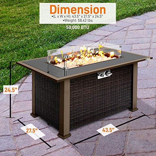 SereneLife Outdoor Gas Fire Pit Table, 50,000 BTU Propane Burner, Auto Ignition, Tempered Glass Wind Guard, Stainless Steel Control Panel, Clear Glass Rocks, Patio Backyard Firepit Table