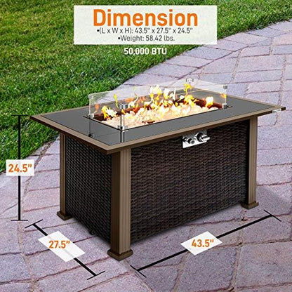 SereneLife Outdoor Gas Fire Pit Table, 50,000 BTU Propane Burner, Auto Ignition, Tempered Glass Wind Guard, Stainless Steel Control Panel, Clear Glass Rocks, Patio Backyard Firepit Table