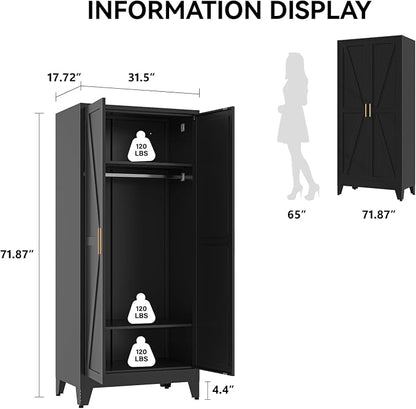 COFaR Metal Wardrobe Cabinet, 71" Farmhouse Storage Cabinet with Hanging Rod, 2 Barn Door, 2 Adjustable Shelves and Legs, for Bedroom, Laundry Room, Cloak Room, Gym, Office, School (Black)