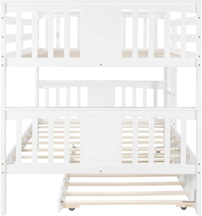 Merax Full Over Full Bunk Bed with Trundle, Convertible to Two Separate Beds, Solid Pine Wood Frame with Safety Guardrail & Headboard/Footboard, Sturdy Durable Design, No Box Spring Needed, White