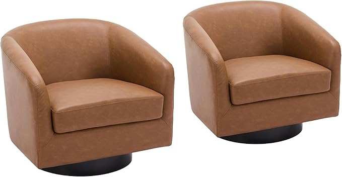 Faux Leather Swivel Barrel Accent Chairs Set of 2, Comfy Club Chair Upholstered Round Armchair for Lving Room, Brown