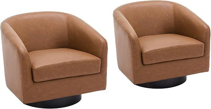 Faux Leather Swivel Barrel Accent Chairs Set of 2, Comfy Club Chair Upholstered Round Armchair for Lving Room, Brown