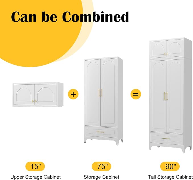 SteeLoong Kitchen Pantry Cabinet，90" Storage Cabinets with Doors and Shelves,Metal Pantry Cabinet with Drawers,White Kitchen Cupboard for Livingroom,Pantry, Bathroom