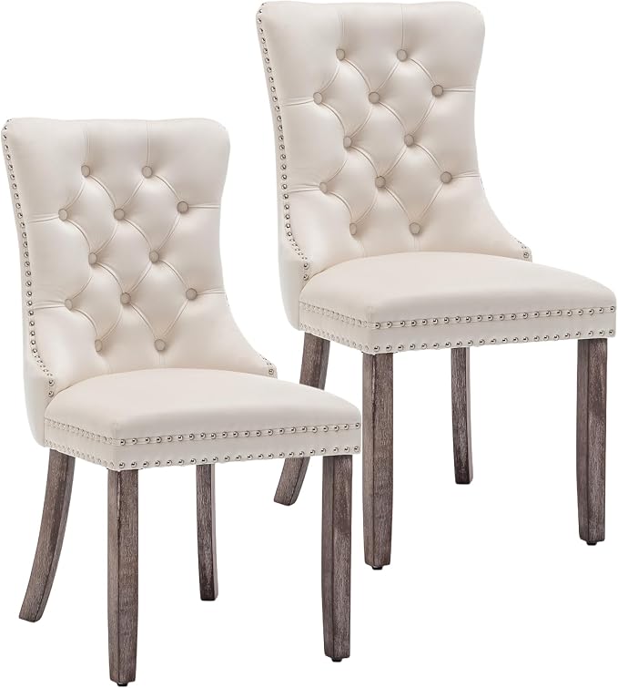 Mid Century Modern Dining Chair Set of 2 Velvet Upholstered Dining Accent Chair Farmhouse Dining Chairs with High Back and Nailhead Trim for Kitchen, Living Room, Bedroom (Beige)