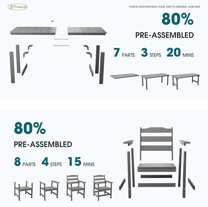 THOEOE 7 Piece Outdoor Dining Set, Patio Dining Table and 6 Chairs, All-Aluminum Frame, All-Weather HDPE Outdoor Furniture with Umbrella Hole for Garden, Lawn, Poolside, Grey