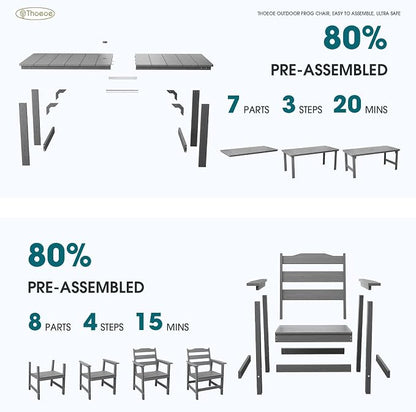 THOEOE 7 Piece Outdoor Dining Set, Patio Dining Table and 6 Chairs, All-Aluminum Frame, All-Weather HDPE Outdoor Furniture with Umbrella Hole for Garden, Lawn, Poolside, Grey