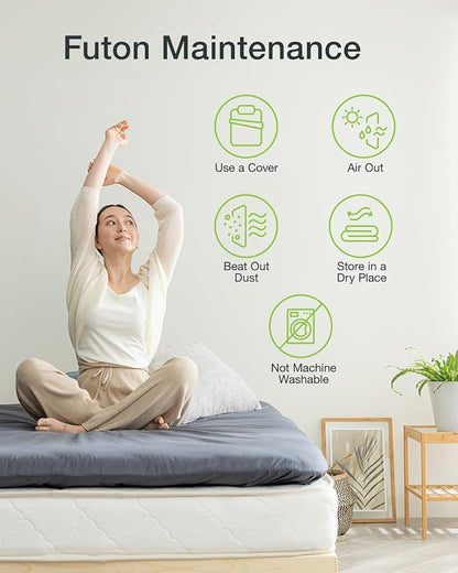 FULI Japanese Futon, Full XL Size, White - Foldable Shikibuton Floor Bed - Medium Firm Quilted Cotton Sleeping Pad, Portable Roll-Up Japanese Floor Bed for Guests & Small Spaces