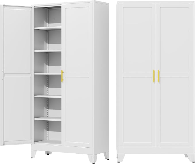 75" Metal Garage Storage Cabinet with 2 Doors and 5 Adjustable Shelves,Metal Storage Cabinets,Steel Tool Cabinets for Home,Office,Garage,Warehouse (White, 75''H x 36''W x 18''D)