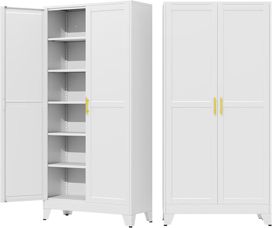 75" Metal Garage Storage Cabinet with 2 Doors and 5 Adjustable Shelves,Metal Storage Cabinets,Steel Tool Cabinets for Home,Office,Garage,Warehouse (White, 75''H x 36''W x 18''D)