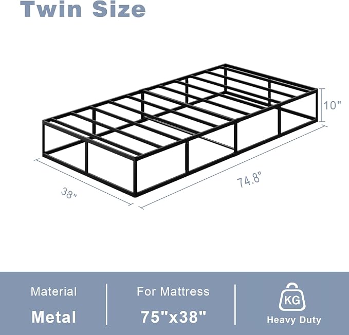 Tyndall 10 Inch Twin Box Spring, Heavy Duty Metal Box Spring for Twin Size Bed Mattress Foundation with Fabric Cover, Noise-Free, Non Slip, Easy Assembly