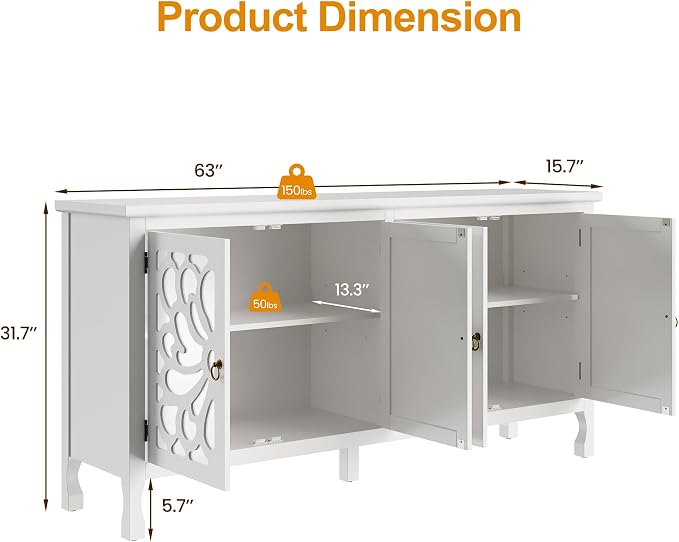 RoyalCraft 63'' Buffet Cabinet with Mirror Butterfly Carved Door, Sideboard Cabinet with Adjustable Shelves, Vintage Accent Credenza Media Console for Entryway, Kitchen, Satin White