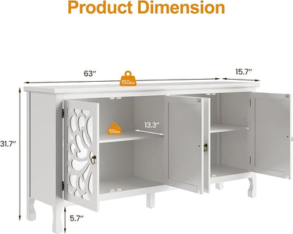 RoyalCraft 63'' Buffet Cabinet with Mirror Butterfly Carved Door, Sideboard Cabinet with Adjustable Shelves, Vintage Accent Credenza Media Console for Entryway, Kitchen, Satin White