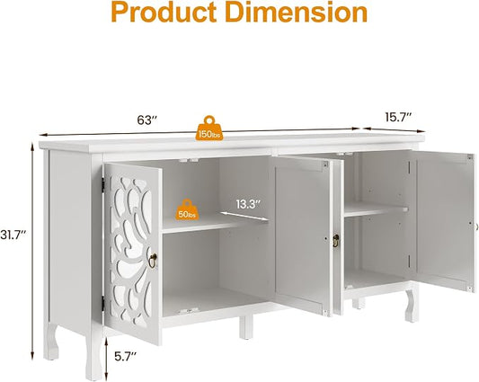 RoyalCraft 63'' Buffet Cabinet with Mirror Butterfly Carved Door, Sideboard Cabinet with Adjustable Shelves, Vintage Accent Credenza Media Console for Entryway, Kitchen, Satin White
