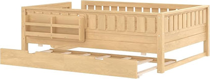 Bellemave Full Kids Montessori Bed with Stairs, Bookshelf and Trundle, Solid Wood Kids Bed Frame with Storage for Boys Girls, Low Profile,Light Natural