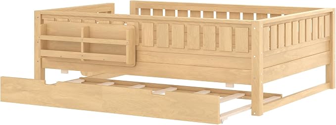 Bellemave Full Size Kids Bed with high Rails and with Built-in Bookshelf and Trundle for Kids, Girls, Boys, Wood Montessori Bed Without Door, Light Natural