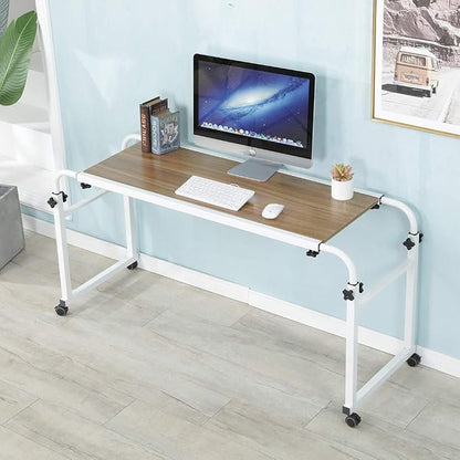 TigerDad Adjustable Overbed Table with Wheels, Mobile Laptop Desk on Wheels for King Queen Bed, Height Adjustable Rolling Computer Cart with Stand, Ancient Oak