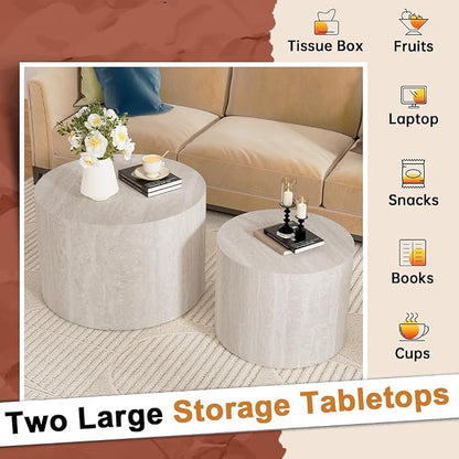 Round Nesting Coffee Table Set of 2 Modern Small Round Travertine Coffee Tables Travertine End Side Table Circle Nested Coffee Tables for Living Room (Travertine B)