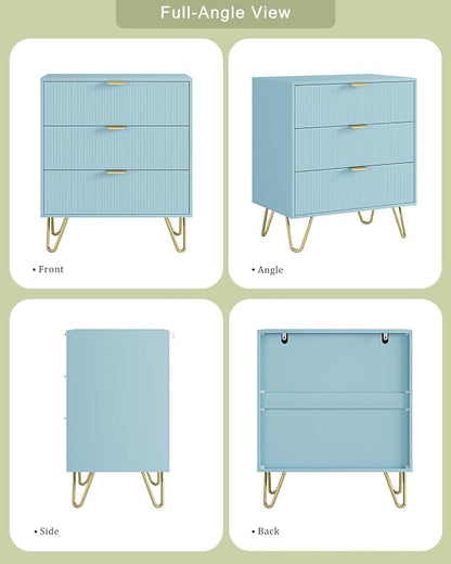 Blue Dresser for Bedroom, Modern Fluted 3 Drawer Dresser with Storage, Dresser Chest of Drawers with Gold Handles for Bedroom, Living Room, Closet, Hallway, 15.8" D x 23.6" W x 27.6" H