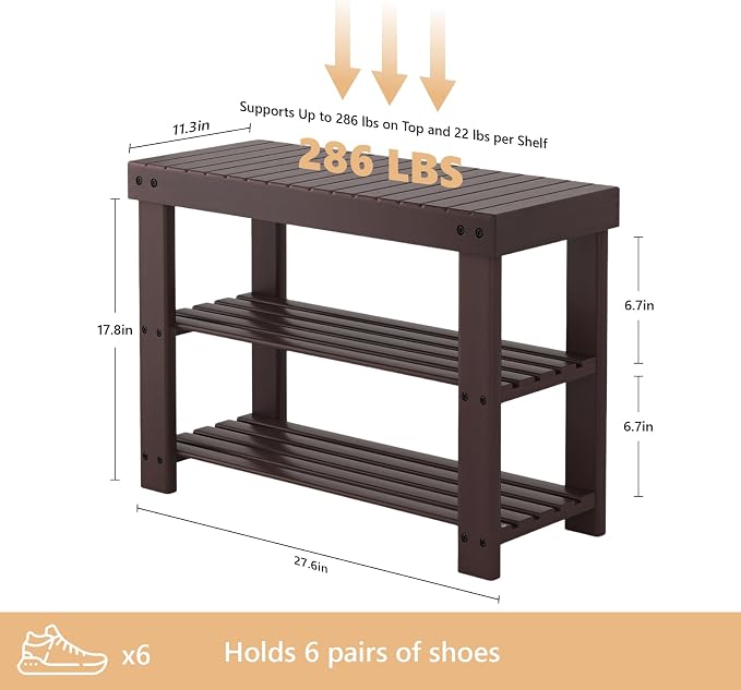 Sweetcrispy 3-Tier Shoe Rack Bench for Entryway, 27 Inches, Brown | Bamboo Shoe Storage Bench, Shoes Rack for Entrance, Bedroom, Living Room, Balcony, 6 Pairs, 286lb Capacity