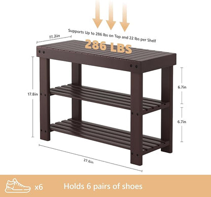 Sweetcrispy 3-Tier Shoe Rack Bench for Entryway, 27 Inches, Brown | Bamboo Shoe Storage Bench, Shoes Rack for Entrance, Bedroom, Living Room, Balcony, 6 Pairs, 286lb Capacity