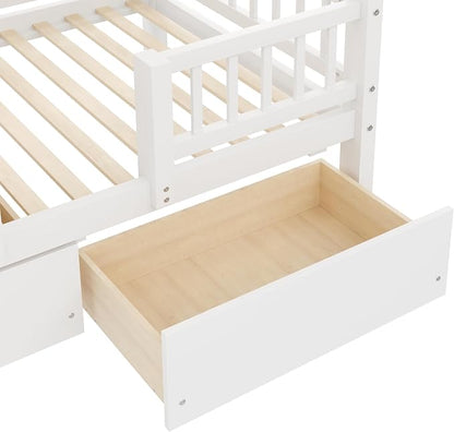 RUNNA Twin Over Twin Bunk Bed with Slide, Storage Drawers, White | Built for kids who play hard and parents who hate clutter. Sturdy wood, safety rails & easy-access drawers—one bed, zero mess