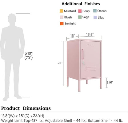 Single Door Lockable Metal End Table & Children's Bedside Table, 2-Tier Storage Cabinet with Adjustable Shelf, Easy Assembly Side Table for Living Room Bedroom Home Office Pink