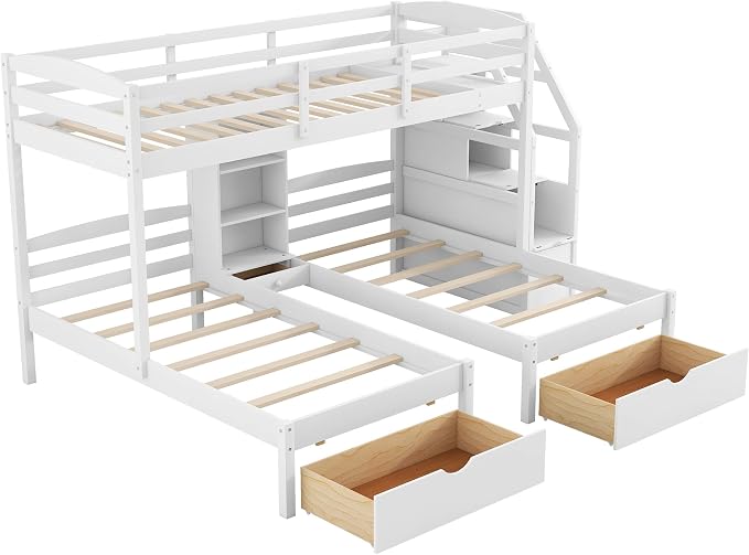VilroCaz Twin Size Triple Bunk Bed with Drawers and Staircase, Solid Wood Bunk Bed Frame with Safety Full-Length Guardrail and Built-in Shelves, 3 Beds in 1 for Kids Teens Adults