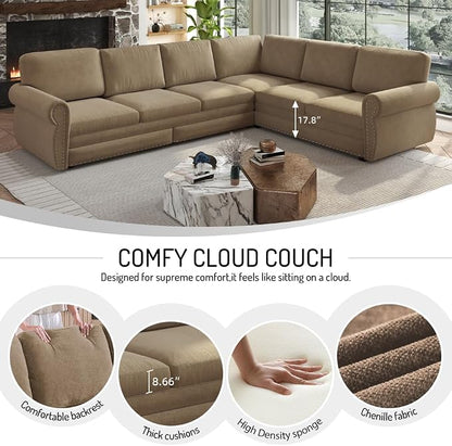 118" L-Shaped Sleeper Couch Bed - Oversize Convertible with Pull-Out Sofa Bed, Button Tufted Chesterfield Sofa, Chenille Sectional Vintage Couches for Living Room/Apartment(6-Seater, Camel) | Oversize Convertible