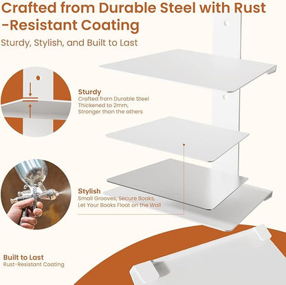 Wawocs Invisible Bookshelves for Wall, 4 Tier Floating Bookshelf Made of Heavy Duty Metal, Vertical Spine Book Tower Hanging Wall Bookshelf, Floating Book Shelves for Wall, 2 Pack White