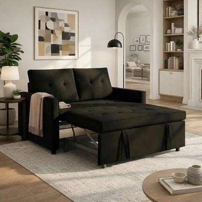 Sofa Bed, Pull Out Couch with Side Pockets, 3 in 1 Velvet Fabric Loveseat Sleeper Sofa Bed, Pull Out Couch with Adjustable Backrest for Living Room, Bedroom, Apartment, Black, 53 Inch