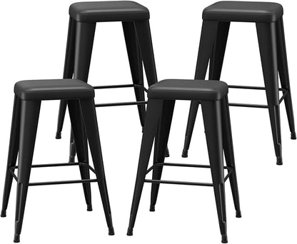 Bar Stools Set of 4, 24" Counter Height Bar Stools Backless, Upholstered Bar Stools with Metal Legs for Kitchen Island, Study Room, Cafe, Black