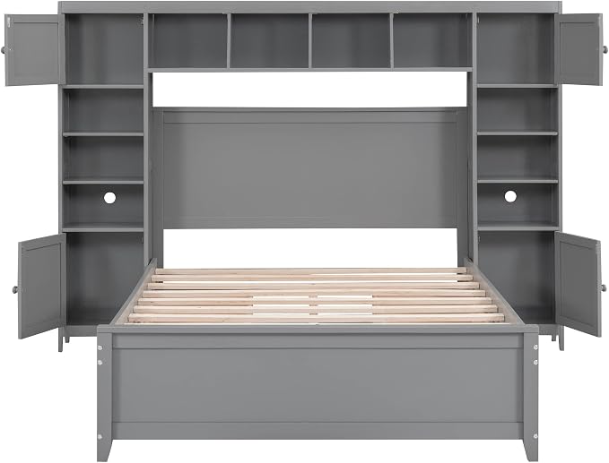 Merax Full Size Wooden Bed with All-in-One Cabinet and Shelf, Gray Bed Frame with 4 Storage Drawers