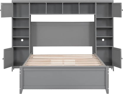 Merax Full Size Wooden Bed with All-in-One Cabinet and Shelf, Gray Bed Frame with 4 Storage Drawers