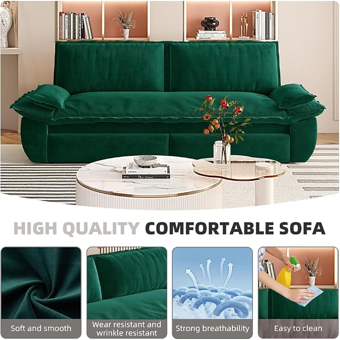 73.2" Sleeper Sofa Bed Queen, 3-in-1 Convertible Couch, Modern Pull Out Couches, Comfy Velvet Futon Sofa, Cloud Loveseat Lounge, Pillow Arm, for Small Spaces, Apartment, Living Room, Green