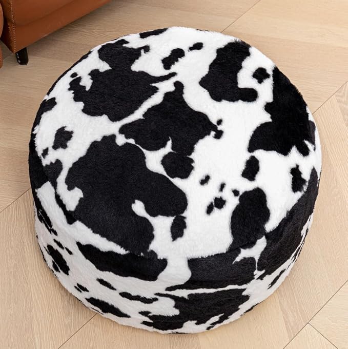 Round Pouf Ottoman 20 x 20 x 14 Inches Boho Poof Home Decor Floor Pouffe Ottoman Foot Rest for Couch Sofa Bean Bag Chairs Living Room Bedroom (Black White Cow Print)
