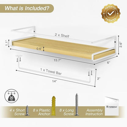 Forbena Natural Wood Bathroom Floating Shelves for Wall Set of 2, Light Wood Wall Shelves with Rail for Bathroom Nursery Office (Natural Wood and White)