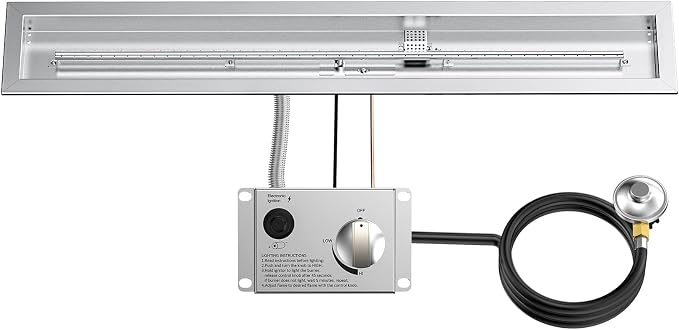 Skyflame Spark Ignition Gas Fire Pit Burner Kit, 48" Linear Stainless Steel Complete Drop-in Burner Kit with Flame Sensing,Propane Regulator Connector Hose Set for Propane Tank