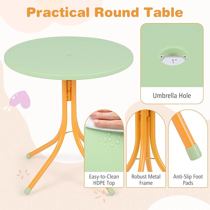 Costzon Kids Picnic Table, Kids Outdoor Table with 2 Folding Chairs, Height Adjustable Umbrella, Portable Children Outdoor Furniture for Patio, Garden, Backyard (Yellow Forest)