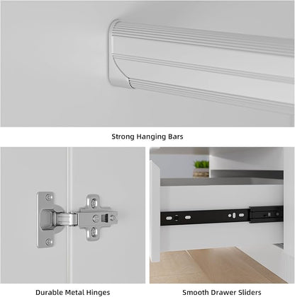 Bobve78 H Armoire Wardrobe Closet with 4 Doors and 2 Drawers, Wooden Bedroom Armoires with Hanging Rod, No Freestanding Wardrobe Cabinet for Bedroom, White