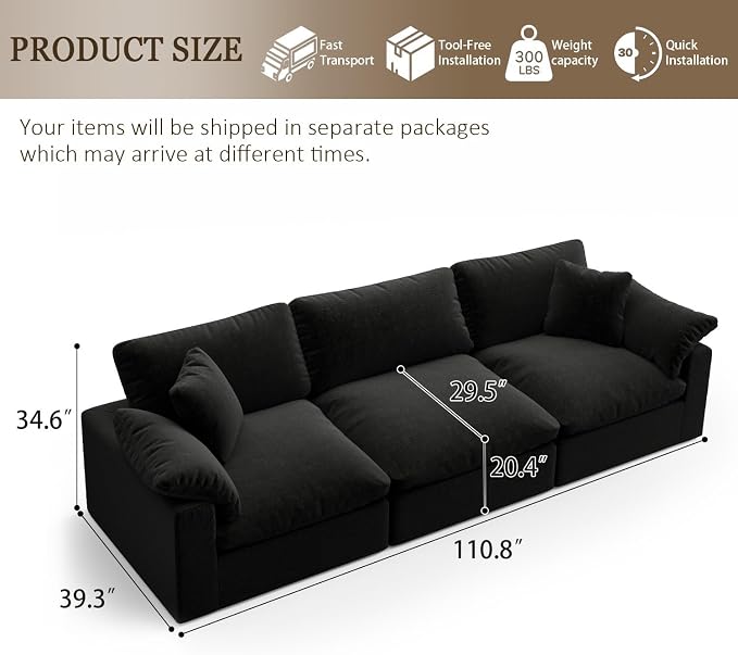 L-Shaped Modular Cloud Sectional Sofa, 2-Seater with Chaise,Modern Down Filled Detachable Couch for Living Room, Office & Small Apartment,Black