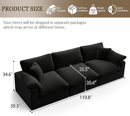 L-Shaped Modular Cloud Sectional Sofa, 2-Seater with Chaise,Modern Down Filled Detachable Couch for Living Room, Office & Small Apartment,Black