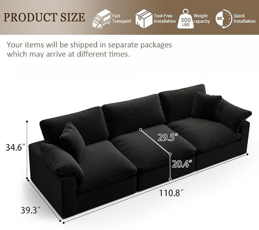 L-Shaped Modular Cloud Sectional Sofa, 2-Seater with Chaise,Modern Down Filled Detachable Couch for Living Room, Office & Small Apartment,Black