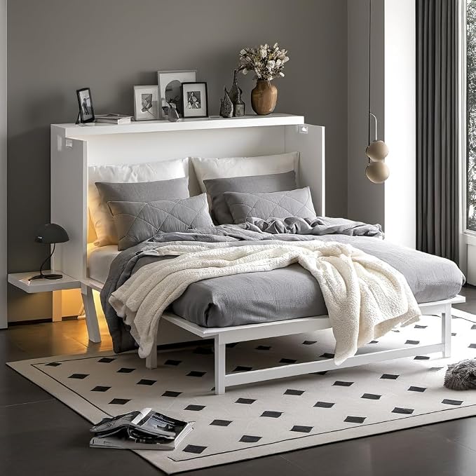 PVWIIK Queen Size Murphy Bed with Desk and Removable Shelves on Each Side,Solid Pine Cabinet Bedframe for Home Office, Guest Room,Multifunctional Bed,White
