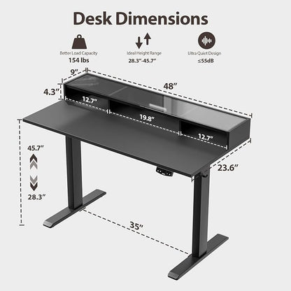 Agilestic 48 x 24 Inches Electric Standing Desk with Storage, Adjustable Height Sit and Stand Computer Table with Glass Shelf, Splice Board, Black