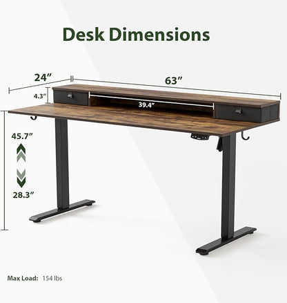 Agilestic 63 x 24 Inches Electric Standing Desk with 2 Storage Drawers, Stand Up Desk Adjustable Height, Sit and Stand Computer Table with Splice Board, Black