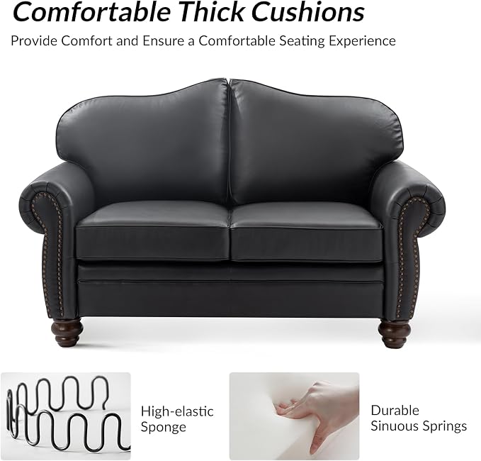 60" Wide Genuine Leather Chesterfield Loveseat, 2 Seat Leather Sofa with Rolled Arms, Nailhead Trim for Living Room Furniture, Easy Assembly – Black