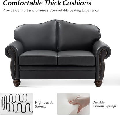 60" Wide Genuine Leather Chesterfield Loveseat, 2 Seat Leather Sofa with Rolled Arms, Nailhead Trim for Living Room Furniture, Easy Assembly – Black
