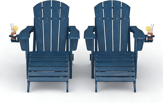 GarveeLife Folding Adirondack Chair Set of 4 with Ottoman, All-Weather HDPE Outdoor Chair, Wooden Textured with Cup Holder for patios, Decks, Gardens, fire pits, Navy Blue